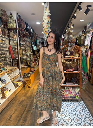 Bohem Tarz Düğmeli Geniş Askılı Uzun Petrol Desenli Elbise