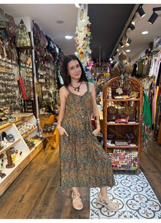 Bohem Tarz Düğmeli Geniş Askılı Uzun Petrol Desenli Elbise