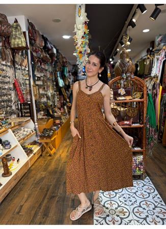 Kalın Askılı Boydan Düğmeli Yeşil Çiçekli Elbise