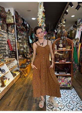 Kalın Askılı Boydan Düğmeli Yeşil Çiçekli Elbise