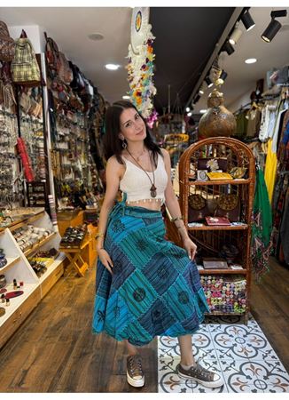 Belden Bağlamalı Nepal Etek Mavi