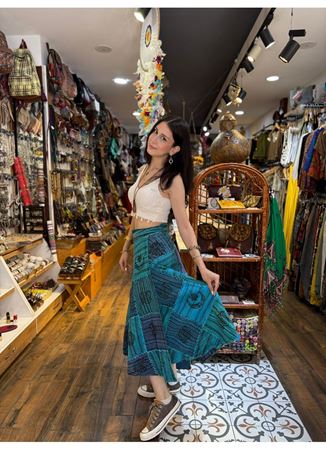 Belden Bağlamalı Nepal Etek Mavi