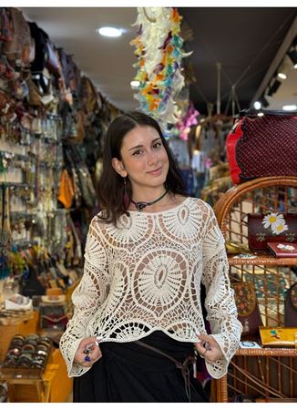 Krem Uzun Kollu Dantel Üst
