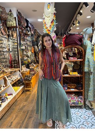 Çapraz Düğmeli Çizgili Kolsuz Kırmızı Bluz