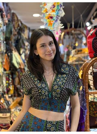 Derin V Yaka Beli Gipeli Lacivert Çiçekli Bluz