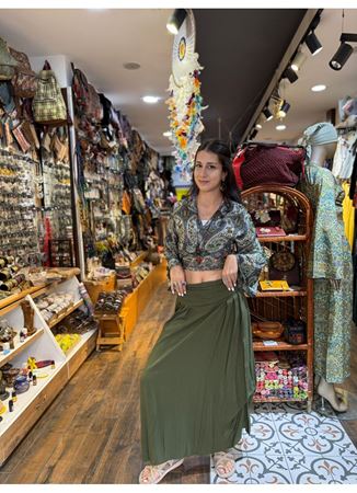 Beli Lastikli Drape Detaylı Haki Bohem Etek