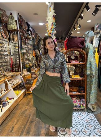 Beli Lastikli Drape Detaylı Haki Bohem Etek