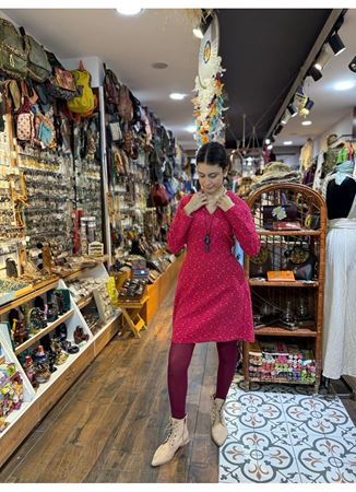 Hakim Yaka Düğme Detaylı Bağlamalı Fuşya Pazen Elbise