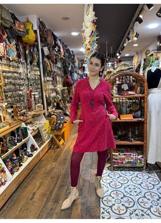 Hakim Yaka Düğme Detaylı Bağlamalı Fuşya Pazen Elbise