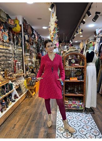 Hakim Yaka Düğme Detaylı Bağlamalı Fuşya Pazen Elbise