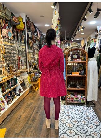 Hakim Yaka Düğme Detaylı Bağlamalı Fuşya Pazen Elbise