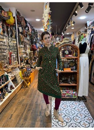 Hakim Yaka Beli Lastikli Dantelli Yeşil Çiçekli Elbise