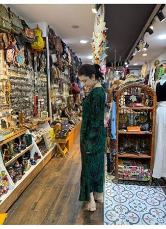 Yeşil Desenli Uzun Kollu Kışlık Patch Elbise