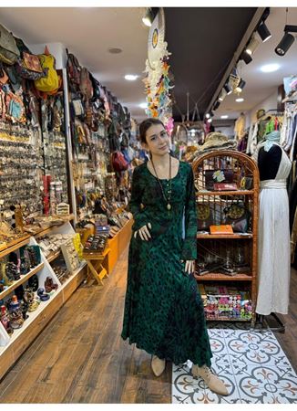 Yeşil Desenli Uzun Kollu Kışlık Patch Elbise