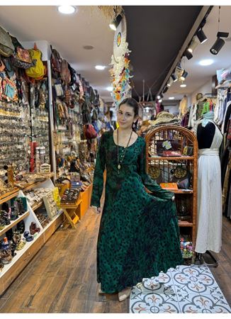 Yeşil Desenli Uzun Kollu Kışlık Patch Elbise