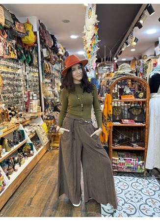 Kadife Pantolon Kemerli Kahverengi