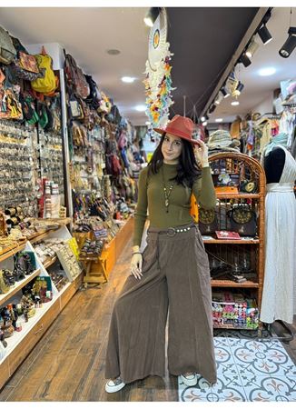 Kadife Pantolon Kemerli Kahverengi