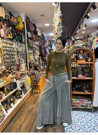 Kadife Pantolon Kemerli Gri