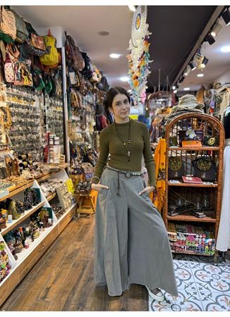 Kadife Pantolon Kemerli Gri