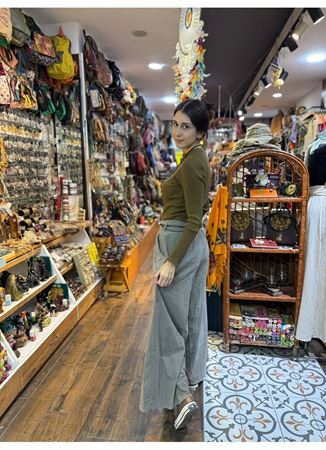 Kadife Pantolon Kemerli Gri