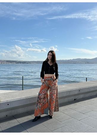 Düşük Bel Düğmeli Bol Paça Kadın Kahve Desenli Pantolon