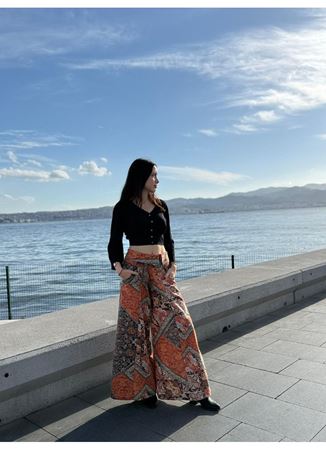 Düşük Bel Düğmeli Bol Paça Kadın Kahve Desenli Pantolon