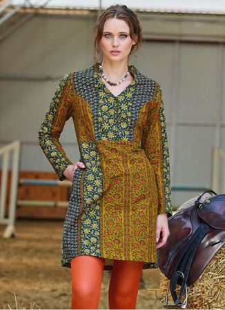 Hakim Yaka Düğme Detaylı Bağlamalı Yeşil Çiçekli Elbise