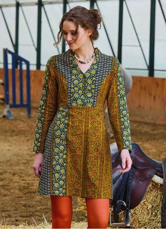 Hakim Yaka Düğme Detaylı Bağlamalı Yeşil Çiçekli Elbise