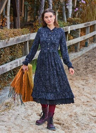 Düğme Detaylı Dantelli Antrasit Uzun Kollu Elbise