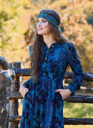 Düğme Detaylı Dantelli Mavi Desenli Uzun Kollu Elbise