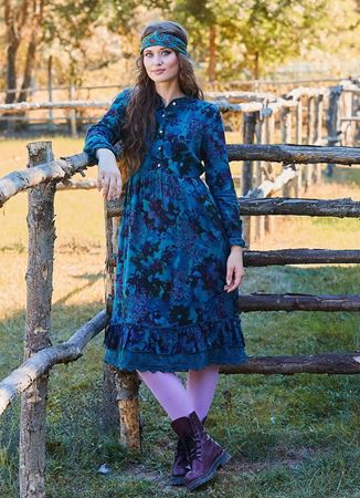 Düğme Detaylı Dantelli Mavi Desenli Uzun Kollu Elbise