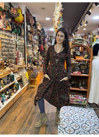 Karat Desenli Derin V Yaka Uzun Kollu Elbise