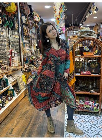 Siyah Babil V Yaka Balon Etek Uzun Kollu Elbise