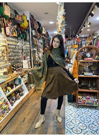 Kloş Kahverengi Desenli Süet Midi Etek