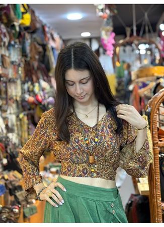 Arkası Büzgülü Uzun Kollu Desenli Bohem Bluz