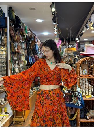 Çiçekli Hint Takım Turuncu