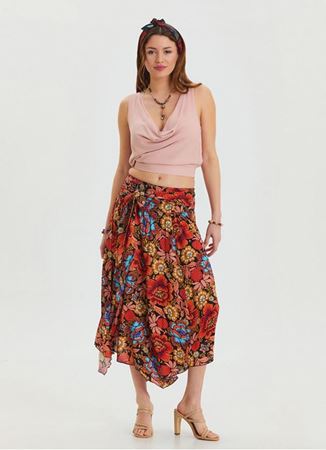 Gipe Detaylı Beli Bağlamalı Siyah Desenli Basma Etek