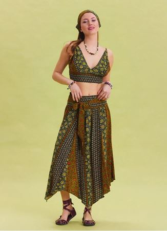 Gipe Detaylı Beli Bağlamalı Yeşil Desenli Asimetrik Etek