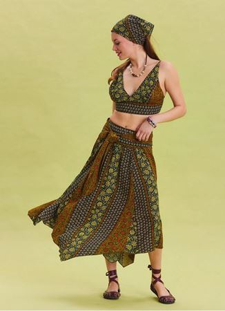 Gipe Detaylı Beli Bağlamalı Yeşil Desenli Asimetrik Etek