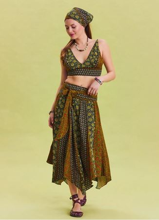 Gipe Detaylı Beli Bağlamalı Yeşil Desenli Asimetrik Etek