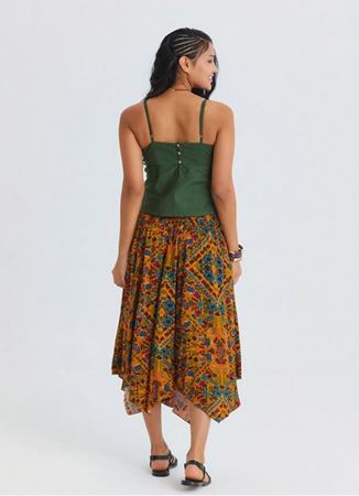 Gipe Detaylı Beli Bağlamalı Hardal Çiçekli Etek