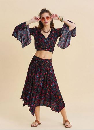 Gipe Detaylı Beli Bağlamalı Siyah Çiçekli Etek