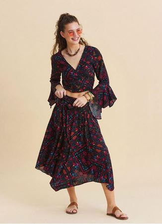 Gipe Detaylı Beli Bağlamalı Siyah Çiçekli Etek