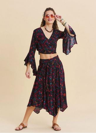 Gipe Detaylı Beli Bağlamalı Siyah Çiçekli Etek