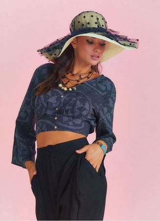 Arkası Büzgülü Uzun Kollu Gri Desenli Bohem Bluz