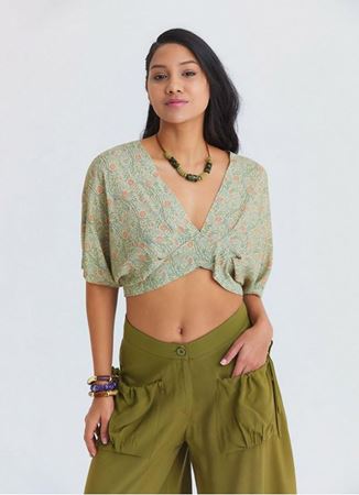 Kruvaze Yaka Sırt Dekolteli Dökümlü Sarı Çiçekli Bluz