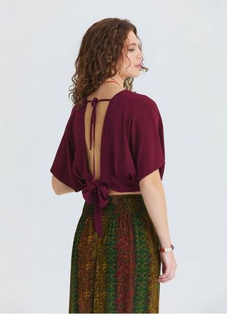 Kruvaze Yaka Sırt Dekolteli Dökümlü Bordo Yazlık Bluz