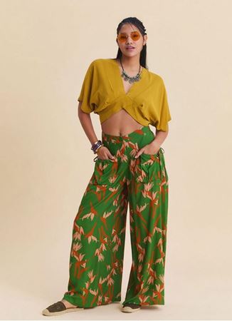 Bol Kesim Cep Detaylı Yeşil Kadın Otantik Pantolon