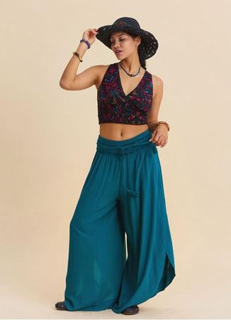 Beli Lastikli Yandan Yırtmaçlı Petrol Kadın Yazlık Pantolon