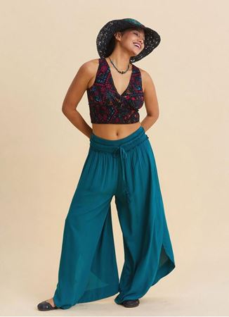 Beli Lastikli Yandan Yırtmaçlı Petrol Kadın Yazlık Pantolon